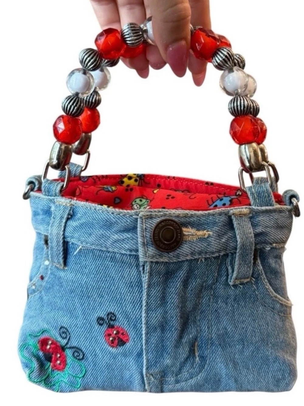 Beaded Handle Miniature Denim Purse with Ladybug Embroidery